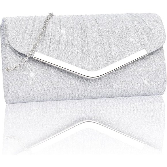 Women's Silver 1 Clutch Purses Sparkling Envelope Evening Bag Detachable Chain - Picture 1 of 7